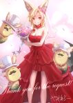  1girl animal_ear_fluff animal_ears bare_arms bare_shoulders blonde_hair breasts cleavage commission dress ear_ornament flower_wreath fox_ears fox_girl fox_tail grin high-low_skirt highres hololive layered_dress looking_at_viewer medium_breasts medium_hair multicolored_hair omaru_polka pink_hair pixiv_request red_dress smile solo solo_focus strapless strapless_dress streaked_hair tail virtual_youtuber yami_ara zain_(omaru_polka) 