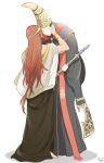  1boy 1girl black_hair elden_ring from_software height_difference highres large_hat long_hair muu1519 radagon_of_the_golden_order red_hair rennala_queen_of_the_full_moon simple_background smile tall tall_female 