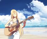  acoustic_guitar bare_shoulders beach blonde_hair blue_sky bracelet circle_a closed_eyes closed_mouth cloud cloudy_sky commentary_request day dress guitar halterneck highres holding holding_instrument instrument jewelry landscape long_hair mountain mountainous_horizon music ocean original playing_instrument plectrum seascape sky sleeveless sleeveless_dress smile sundress very_long_hair white_dress 
