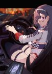  1girl absurdres azur_lane black_hair black_thighhighs breasts car car_interior driving dupleix_(azur_lane) dupleix_(final_check)_(azur_lane) glasses hairband highres jiuxiaocan_yin leotard long_hair mole mole_under_eye motor_vehicle night official_alternate_costume panties_under_leotard purple_eyes race_queen right-hand_drive seatbelt semi-rimless_eyewear sideboob steering_wheel thighhighs thighs white_leotard 