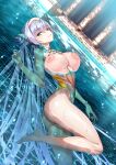 absurdres blue_eyes breasts britomart_(fate) elf fate/grand_order fate_(series) highres inverted_nipples lake large_breasts long_hair looking_at_viewer lying_on_water matsuryuu non-web_source pointy_ears smile white_background 