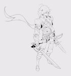  armor bandolier cowlick cutlass_(sword) dagger dual_wielding fantasy greyscale gull_nullminar half-elf highres holding knife long_hair male_focus monochrome multiple_swords ohmsart original sketch weapon 