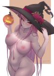  1girl absurdres blush breasts cleft_of_venus completely_nude hat highres hololive jack-o&#039;-lantern long_hair looking_at_viewer mori_calliope myth1carts navel nipples nude pink_hair pussy red_eyes solo sweatdrop uncensored virtual_youtuber witch_hat 