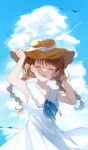  1girl :d ^_^ ascot bird blue_ascot blue_sky braid brown_hair closed_eyes cloud collarbone cowboy_shot day dress hat highres holding holding_clothes holding_hat ilis_0226 ocean open_mouth original sky smile solo standing sun_hat sunlight twin_braids white_dress 