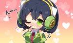  1girl bangs bare_shoulders black_hair blush breasts chibi closed_mouth collared_shirt commentary_request food food_in_mouth green_eyes green_jacket green_vest hair_between_eyes headphones headset highres jacket kyoumachi_seika large_breasts looking_at_viewer milkpanda mouth_hold necktie nose_blush off_shoulder one_eye_closed pocky red_necktie shirt short_eyebrows solo thick_eyebrows vest voiceroid white_shirt 
