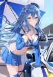  1girl absurdres ahoge asymmetrical_clothes bangs blue_hair blurry blurry_background blush boots breasts car cleavage closed_mouth collarbone day fingernails ground_vehicle hair_ornament hat highres hololive large_breasts lips long_hair long_sleeves looking_at_viewer medium_breasts midriff miniskirt motor_vehicle nail_polish navel outdoors pleated_skirt pointy_ears race_queen rin_yuu scan shiny shiny_hair simple_background skirt smile solo stomach thigh_boots thighs umbrella virtual_youtuber yellow_eyes yukihana_lamy 