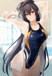  1girl arms_up black_hair blue_one-piece_swimsuit breasts brown_eyes collarbone competition_swimsuit cowboy_shot hand_in_own_hair highres jacket kantai_collection kasumi_(skchkko) large_breasts long_hair looking_at_viewer nagato_(kancolle) one-piece_swimsuit open_clothes open_jacket pool smile swimsuit thigh_gap wet wet_clothes wet_swimsuit white_jacket 