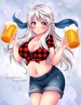  1girl alcohol artist_name bangs beer beer_mug blush breasts checkered_clothes checkered_shirt commission cowboy_shot cropped_shirt cup denim denim_shorts english_commentary fire_emblem fire_emblem:_radiant_dawn grey_hair half_updo holding holding_cup large_breasts long_hair looking_at_viewer micaiah_(fire_emblem) midriff mug navel shirt shorts smile solo sugarbell tied_shirt twin_peaks_(restaurant) yellow_eyes 