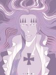  1boy basil_hawkins chest_tattoo commentary_request facial_mark floating_hair frilled_shirt frills highres kafuyutns long_hair looking_ahead male_focus monochrome one_piece parted_lips purple_background purple_theme shirt simple_background solo tattoo upper_body 
