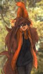  anthro apogee_(tinygaypirate) black_nose blurred_background bottomwear breasts brown_body brown_eyes brown_fur brown_hair canid canine canis cheek_tuft clothing cowlick day detailed_background domestic_dog ear_piercing eyebrow_through_hair eyebrows eyelashes facial_markings facial_piercing facial_tuft female floppy_ears fur furgonomics furry-specific_piercing hair hair_over_eye hands_above_head head_markings hi_res inner_ear_fluff jacket long_hair looking_aside mammal markings messy_hair mottled mottled_nose muzzle_piercing nose_piercing one_eye_obstructed outside pants piercing pink_nose plant raised_arms scarf shadow slim small_breasts smile solo spitz standing sweater tinygaypirate topwear translucent translucent_hair tree tuft 