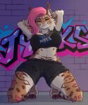 2024 anthro arm_tuft big_breasts bottomwear breasts clothing crop_top ear_piercing ear_ring elbow_tuft energyvector eyebrow_piercing eyebrow_ring eyebrows eyelashes facial_piercing feet felid feline female fur hair hands_behind_head hi_res inner_ear_fluff kneeling lynx mammal markings midriff nasa navel navel_piercing nose_piercing nose_ring piercing pink_hair ring_piercing shirt shorts solo spots spotted_body spotted_fur topwear tuft whiskers