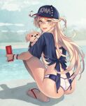  1girl animal ass back bangs baseball_cap bikini bikini_bottom_only blonde_hair blue_eyes blue_shirt can commentary dog from_behind full_body hair_between_eyes hat highres holding holding_can iowa_(kancolle) kantai_collection kasumi_(skchkko) long_hair looking_at_viewer looking_back open_mouth print_headwear puppy sandals shirt side_ahoge smile solo squatting star-shaped_pupils star_(symbol) swimsuit symbol-shaped_pupils thighs tied_shirt victory_(dog) water wristband 