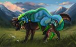 anal anal_knotting anal_penetration animal_genitalia animal_penis balls black_claws black_nose black_pawpads blue_body blue_fur blue_tail bodily_fluids brown_balls brown_body brown_fur brown_tail canid canine canine_genitalia canine_penis canis claws cum cum_drip cum_in_ass cum_inside dipstick_tail domestic_dog dripping duo feral fur genital_fluids genitals green_balls green_body green_eyes green_fur green_tail_tip green_tongue heatherwolf hi_res knot knotting male male/male mammal markings pawpads penetration penis purple_eyes tail tail_markings teeth tongue tongue_out whiskers