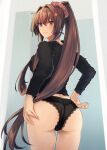  1girl alternate_costume ass black_panties black_shirt blush brown_eyes brown_hair cowboy_shot flower hair_between_eyes hair_flower hair_ornament highres kantai_collection kasumi_(skchkko) long_hair long_sleeves open_mouth panties pink_flower ponytail shirt solo underwear very_long_hair white_panties yamato_(kancolle) 