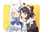  2girls animal_ear_fluff animal_ears apron aqua_hair armband bangs black_choker blush breasts choker closed_mouth d.y.x. eye_contact fang frilled_apron frills gradient_hair hair_ornament hand_on_another&#039;s_shoulder heterochromia inui_toko japanese_clothes lize_helesta long_hair looking_at_another maid_headdress medium_breasts multicolored_hair multiple_girls nijisanji parted_lips purple_eyes red_eyes simple_background upper_body virtual_youtuber wa_maid white_apron white_hair yellow_eyes yuri 