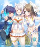  3girls beach bikini chest_jewel eunie_(xenoblade) fiery_hair glowing_lines head_wings himono_xeno mio_(xenoblade) multiple_girls ocean official_alternate_costume outdoors sena_(xenoblade) swimsuit water white_wings wings xenoblade_chronicles_(series) xenoblade_chronicles_3 