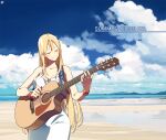 acoustic_guitar background_text bare_shoulders beach blonde_hair blue_sky bracelet circle_a closed_eyes closed_mouth cloud cloudy_sky commentary_request day dress english_commentary english_text guitar halterneck holding holding_instrument instrument jewelry landscape long_hair mountain mountainous_horizon music ocean original partial_commentary playing_instrument plectrum seascape sky sleeveless sleeveless_dress smile sundress very_long_hair white_dress 