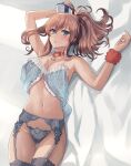  1girl bed_sheet blue_eyes blush breasts brown_hair cleavage collarbone cowboy_shot garter_belt grey_panties grey_thighhighs hair_between_eyes highres kantai_collection kasumi_(skchkko) large_breasts long_hair navel open_mouth panties saratoga_(kancolle) side_ponytail solo thighhighs underwear 