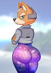  absurd_res acstlu anthro big_butt bubble_butt butt canid canine clothing crossed_arms fox fox_mccloud fur galaxy green_eyes headgear hi_res jacket leggings legwear looking_back male mammal nintendo rear_view solo star_fox tan_body tan_fur tight_clothing topwear video_games 