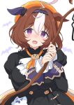  1girl :3 ahoge animal_ears ascot bangs black_dress brown_hair commentary days_in_a_flash_(umamusume) dress ear_covers frown ghost_ornament hairband halloween halloween_costume high_collar highres holding holding_staff horse_ears horse_girl jack-o&#039;-lantern_ornament juliet_sleeves kamuraaa_615 long_sleeves looking_at_viewer medium_hair meisho_doto_(dot-o&#039;-lantern)_(umamusume) meisho_doto_(umamusume) multicolored_hair neck_ribbon official_alternate_costume open_mouth orange_headwear orange_ribbon puffy_sleeves pumpkin_hat purple_eyes purple_hairband ribbon simple_background single_ear_cover solo staff standing sweatdrop two-tone_hair umamusume white_ascot white_background white_hair 