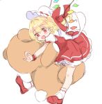  1girl bangs blonde_hair commentary_request dress fang flandre_scarlet frilled_dress frills happy hat highres mob_cap open_mouth paragasu_(parags112) pointy_ears puffy_short_sleeves puffy_sleeves red_dress red_eyes red_footwear red_ribbon ribbon shirt short_sleeves sketch smile socks solo stuffed_animal stuffed_toy teddy_bear touhou white_headwear white_shirt white_socks wings 