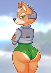  absurd_res acstlu anthro big_butt bubble_butt butt canid canine clothing crossed_arms fox fox_mccloud fur green_eyes headgear hi_res jacket leotard looking_back male mammal nintendo rear_view solo star_fox tan_body tan_fur tight_clothing topwear video_games 