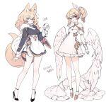  2girls aiguillette animal_ears apron arm_at_side bangs baozi black_dress black_footwear blonde_hair breasts cape chewing dated dress eating feathered_wings flat_chest food fox_ears fox_girl fox_tail frilled_dress frills full_body fur-trimmed_cape fur_trim gloves gold_trim hanbok hand_up high_heels holding holding_food korean_clothes korean_commentary korean_text lemon89h long_hair long_sleeves looking_at_viewer low_wings multiple_girls original pointy_ears puffy_short_sleeves puffy_sleeves short_dress short_sleeves shrug_(clothing) side_ponytail sidelocks simple_background standing stiletto_heels strapless strapless_dress tail waist_apron white_apron white_background white_cape white_dress white_gloves white_wings wing_hair_ornament wings yellow_eyes yellow_footwear 