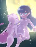  1girl amber_(pokemon) ambertwo_(pokemon) blue_eyes highres looking_at_another mewtwo moon pokemon pokemon:_the_first_movie_-_mewtwo_strikes_back pokemon_(anime) pokemon_(classic_anime) pokemon_(creature) purple_eyes sparkle tail yonayonayona2 