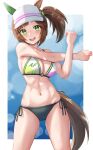  1girl absurdres animal_ears bikini breasts brown_hair commentary_request cowboy_shot ear_covers freckles green_eyes highres horse_ears horse_girl horse_tail ines_fujin_(umamusume) large_breasts looking_at_viewer mismatched_bikini side-tie_bikini_bottom side_ponytail single_ear_cover solo stretching swimsuit tail umamusume visor_cap yami_anko 