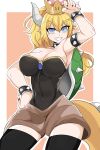  1girl absurdres arm_up armlet armpits black_thighhighs blonde_hair blue_eyes bowsette bracelet breasts collar crown grin hair_between_eyes highres horns jewelry korean_commentary large_breasts leotard long_hair looking_at_viewer mangpum_(taro109210) mario_(series) new_super_mario_bros._u_deluxe pointy_ears ponytail slit_pupils smile solo spiked_armlet spiked_bracelet spiked_collar spikes super_crown thick_eyebrows thighhighs turtle_shell 