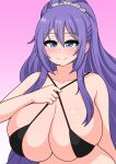  absurdres bangs blue_eyes blush breasts collarbone gradient gradient_background highres huge_breasts light_smile long_hair pink_background purple_hair slingshot_swimsuit strap_pull suzukawa_rei swimsuit the_only_shoe very_long_hair 