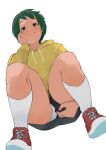  1girl alternate_costume black_shorts blush clothing_aside commentary_request drawstring from_below full_body green_eyes green_hair hand_on_own_cheek hand_on_own_face hand_up highres hood hood_down hoodie kantai_collection kneehighs long_sleeves looking_at_viewer mogami_(kancolle) panties pantyshot red_footwear short_hair short_shorts shorts shorts_aside sidelocks simple_background smile socks solo sweatdrop thighs tooku_nomura_(artist) underwear white_background white_panties white_socks yellow_hoodie 