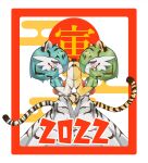  2022 2girls absurdres alternate_color animal_ears animal_hands bangs black_fur black_hair black_skin blue_hair blue_skin blush bob_cut body_fur border brown_hair chinese_zodiac claws closed_mouth colored_skin commentary_request egasumi flat_chest from_side gardevoir green_hair green_skin half-closed_eyes hand_on_another&#039;s_waist hand_up highres holding_hands looking_at_viewer mentaiko_jojotarou multicolored_hair multicolored_skin multiple_girls orange_eyes outside_border palms_together pokemon pokemon_(creature) profile red_border red_eyes shiny shiny_hair shiny_pokemon short_hair standing striped_fur striped_tail symmetry tail tiger_ears tiger_girl tiger_tail translation_request two-tone_fur two-tone_hair white_border white_fur white_skin year_of_the_tiger yellow_fur 