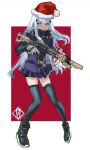  1girl assault_rifle black_footwear black_thighhighs boots border closed_mouth full_body girls&#039;_frontline gloves green_eyes grey_gloves gun h&amp;k_hk416 hair_ornament hat hk416_(girls&#039;_frontline) holding holding_gun holding_weapon jacket long_hair long_sleeves looking_at_viewer miniskirt osakana_(denpa_yun&#039;yun) outside_border purple_jacket purple_skirt red_background rifle santa_hat simple_background skirt solo standing teardrop_facial_mark thighhighs trigger_discipline weapon white_border white_hair 