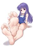  1girl absurdres aomoro arm_support bangs bare_legs barefoot blunt_bangs blush breasts closed_mouth collarbone commentary_request covered_navel crossed_legs feet foot_focus foreshortening full_body furude_rika head_tilt highres higurashi_no_naku_koro_ni leaning_back legs long_hair looking_at_viewer name_tag purple_eyes purple_hair school_swimsuit shadow shiny shiny_hair sidelocks simple_background small_breasts smile soles solo swimsuit thighs toenails toes white_background 