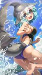  1girl :d absurdres ass barefoot breasts competition_swimsuit happy highres kemono_friends melaton multicolored_hair one-piece_swimsuit open_mouth sideboob smile solo splashing swimsuit water 