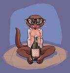  2022 alcohol anthro areola barefoot beverage biped blue_background blush blush_lines bottle breasts champagne chest_tuft claws clothed clothing convenient_censorship disney eyewear feet female fuel_(artist) glasses green_eyes hi_res looking_at_viewer lutrine mammal mustelid nipples open_clothing open_shirt open_topwear pink_nose sam_(zootopia+) shirt simple_background sitting small_breasts solo toe_claws topwear tuft whiskers zootopia zootopia+ 