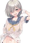  1girl blue_eyes blue_sailor_collar blush collarbone gloves grey_hair hair_ornament hair_over_one_eye hairclip hamakaze_(kancolle) highres kamidanomi kantai_collection navel neckerchief open_mouth sailor_collar school_uniform serafuku short_hair short_sleeves simple_background solo upper_body wet wet_clothes white_background white_gloves yellow_neckerchief 