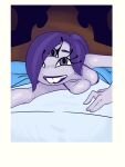 3:4 3_eyes 3_fingers amphibian anthro bed bed_sheet bedding blanket border breasts buckteeth claire_wheeler cleavage clothed clothing digital_media_(artwork) disney eyelashes female fingers furniture glistening glistening_body grey_body hair hi_res humanoid long_neck lying monsters_inc monsters_university multi_eye on_bed pixar polaroid_photo purple_eyes purple_hair shirt smile solo solo_focus spearmph tank_top teeth topwear white_border