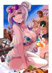  1girl 2boys abs absol_(dkqthf) another_eidos-r bart_(another_eidos) beard bikini blonde_hair brown_hair dog_tags drink eyepatch facial_hair feet_out_of_frame fish food fruit jewelry large_pectorals lisa_(another_eidos) long_hair looking_at_viewer male_swimwear multicolored_hair multiple_boys nail_polish necklace nipples no_shirt one_eye_closed outdoors pectorals purple_hair ragnar_(another_eidos) ring see-through sitting sky smile sunglasses sunset swim_briefs swimsuit table teeth thick_arms thick_eyebrows thick_thighs thighs twintails watermelon 