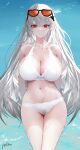  1girl arknights arms_behind_back bikini breasts cleavage eyewear_on_head grey_hair highres large_breasts long_hair looking_at_viewer navel omone_hokoma_agm red_eyes skadi_(arknights) skadi_(waverider)_(arknights) solo sunglasses swimsuit very_long_hair wet white_bikini 