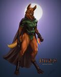  anthro backlighting brown_belt brown_body brown_cape brown_clothing brown_eyes brown_fur brown_legwear bulge canid closed_smile clothed clothing full-length_portrait fur gloves_(marking) green_clothing green_topwear hi_res laser laser_(artist) legwear light lighting looking_at_viewer male mammal markings mouth_closed orange_body orange_fur portrait signature simple_background solo standing topwear yellow_body yellow_fur 