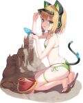  1girl animal_ears ass bangs bikini blonde_hair blue_archive bow breasts bucket cat_tail collarbone fake_animal_ears feet from_side full_body green_bikini green_eyes hair_bow hands_up headphones holding legs looking_at_viewer mannack medium_hair midori_(blue_archive) sand sand_castle sand_sculpture sandals shiny shiny_skin shovel side-tie_bikini_bottom sidelocks simple_background skindentation small_breasts soles solo sweatdrop swimsuit tail thigh_strap thighs toes visor_cap white_background 