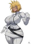  1girl absurdres artist_name belt black_belt bleach blonde_hair blue_tattoo breasts dark-skinned_female dark_skin facial_tattoo gloves green_eyes highres large_breasts looking_at_viewer pants shirt short_hair simple_background tattoo tier_harribel white_background white_gloves white_pants white_shirt xhaart 