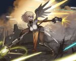  1girl bangs blonde_hair blue_eyes bodysuit cosplay destruction firing gloves gun highres holding hololive hololive_english mechanical_wings mercy_(overwatch) mercy_(overwatch)_(cosplay) open_mouth overwatch pelvic_curtain short_hair staff virtual_youtuber watson_amelia weapon wings zedd_(zedgawr) 