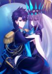  1boy 1girl absurdres aiguillette black_bow black_hair blue_eyes bow braid chair crown epaulettes fate/grand_order fate_(series) french_braid fujimaru_ritsuka_(male) hand_on_another&#039;s_cheek hand_on_another&#039;s_face highres long_hair looking_at_another looking_at_viewer morgan_le_fay_(fate) ponytail ringozuki serious short_hair sitting sitting_on_lap sitting_on_person throne two-tone_dress veil white_hair 