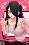  :o artist_name black_eyes black_hair breasts cleavage cosplay hair_over_one_eye hands_up heart heart_in_eye highres panqlao parody pink_background sakurai_touko senpai_ga_uzai_kouhai_no_hanashi shiromanta_(character) shirt speech_bubble symbol_in_eye television watermark white_shirt yamamura_sadako yamamura_sadako_(cosplay) 