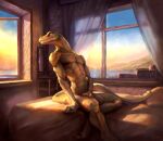  abs absurd_res anthro athletic athletic_anthro athletic_male bed bed_sheet bedding bedroom curtains curtains_open furniture hi_res inside klongi lake leaning leaning_back lizard long_tail looking_back male mirror nude pillow reptile scales scalie sitting solo window 