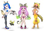  3girls :3 alternate_costume animal_ears arms_at_sides ass_visible_through_thighs bangs big_man_(splatoon) black_pantyhose blonde_hair blue_bow blue_bowtie blue_bra blue_footwear blue_panties blunt_bangs blush bow bow_panties bowtie bra breasts brown_hairband cat_ears cat_tail cephalopod_eyes cleavage closed_mouth clothing_cutout collarbone commentary_request cross-laced_footwear crossed_legs dark-skinned_female dark_skin detached_collar drooling earrings eyeliner fake_animal_ears fake_tail fangs folded_fan folding_fan forehead fox_ears fox_tail frilled_panties frills frye_(splatoon) full_body green_eyes green_hair groin hair_ornament hair_over_one_eye hair_tie hairband hand_fan hand_up hands_on_hips happy harmony&#039;s_clownfish_(splatoon) harmony_(splatoon) head_tilt heart high_heels highres holding holding_fan jewelry koharu2.5 light_blush long_hair looking_at_viewer makeup medium_hair mouth_drool multicolored_eyes multicolored_hair multiple_earrings multiple_girls navel neck_ribbon nontraditional_playboy_bunny one_eye_covered open_mouth panties pants pantyhose paper_fan pigeon-toed pink_bra pink_footwear pink_hair pink_panties pink_ribbon pointy_ears puffy_pants purple_eyes rabbit_ears raccoon_ears raccoon_tail red_eyeliner red_eyes ribbon see-through_pants shiny shiny_hair shiver_(splatoon) shoes sidelocks simple_background small_breasts smile sneakers splatoon_(series) splatoon_3 standing stomach strapless strapless_bra striped striped_headwear striped_tail suction_cups tail tail_ornament tail_ring teeth tentacle_hair tentacles tongue traditional_bowtie two-tone_hair underwear very_long_hair watson_cross white_background wrist_cuffs x_hair_ornament yellow_bow yellow_bowtie yellow_bra yellow_footwear yellow_hairband yellow_headwear yellow_panties yellow_pants 