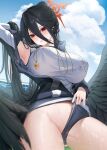  1girl arm_behind_head armpits bangs black_hair black_wings blue_archive blush breasts buruma buruma_aside clothing_aside cloud cowboy_shot day feathered_wings hair_between_eyes halo hasumi_(blue_archive) hasumi_(gym_uniform)_(blue_archive) highres huge_breasts jacket lichiko long_hair long_sleeves low_wings official_alternate_costume open_clothes open_jacket outdoors parted_lips partially_unzipped ponytail red_eyes shirt solo standing sweat very_long_hair whistle whistle_around_neck white_shirt wings 